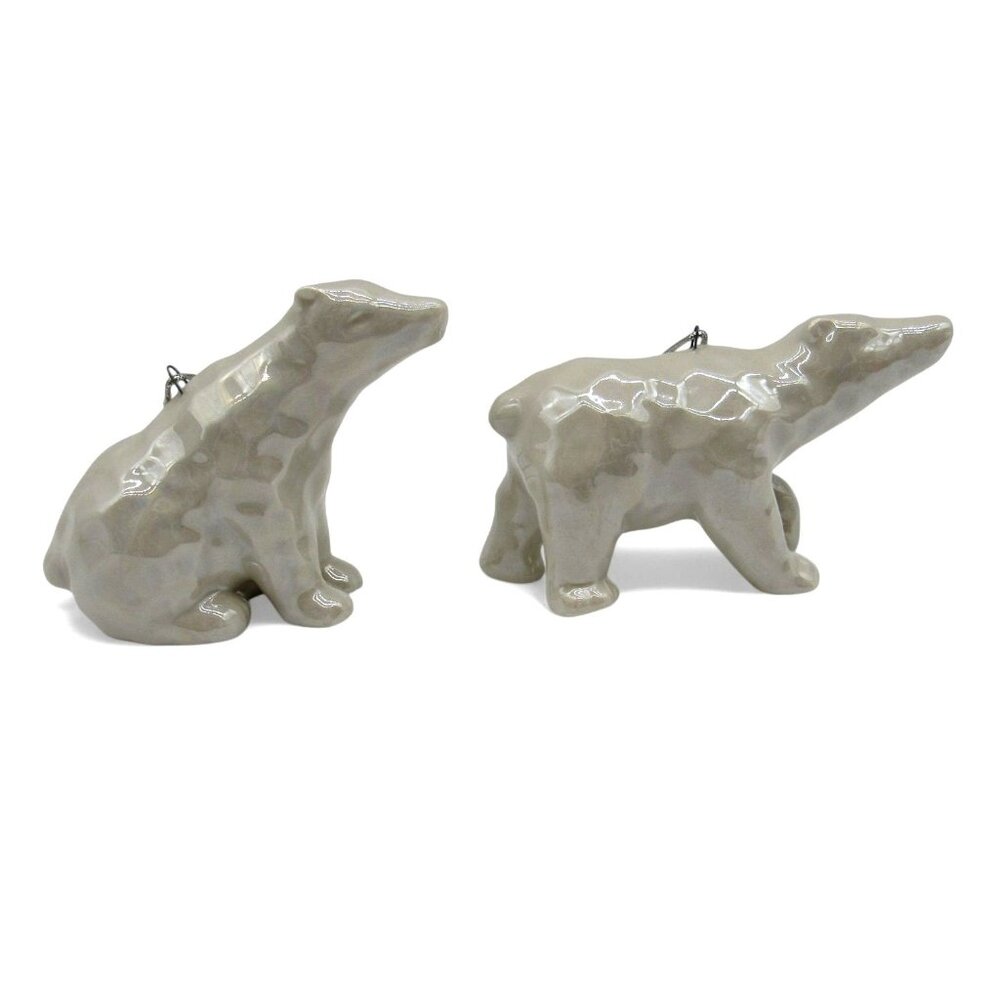 POLAR BEAR Ceramic Christmas Ornament Set Of 2 Pearlescent With Silver Strings